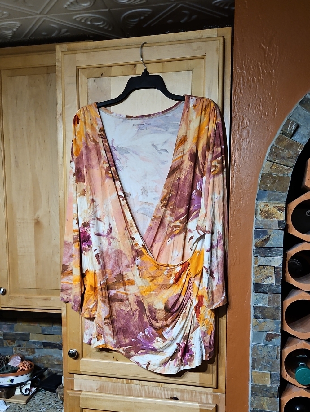 Coldwater Creek Pink Purple Orange Abstract Boho Floral 3/4 Sleeve Faux Wrap Top